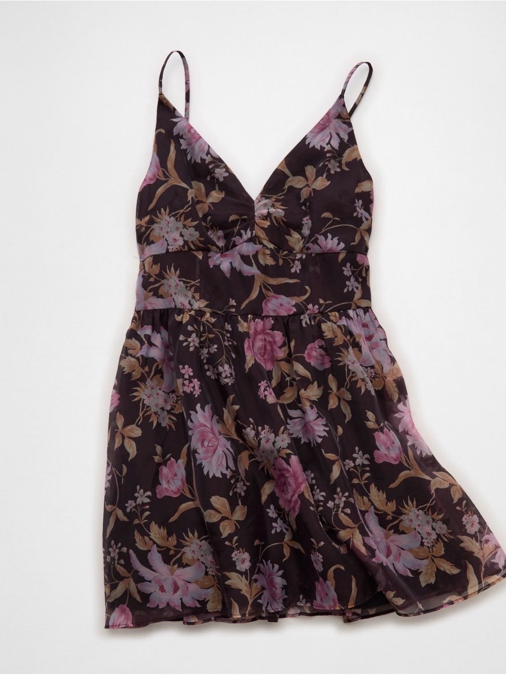 American Eagle Floral V-Neck Spaghetti Strap Mini Dress in Plum